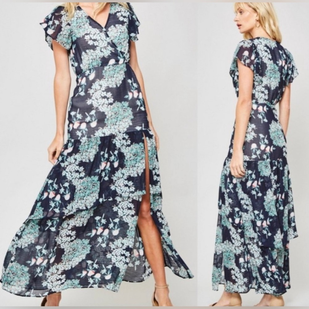 PROMESA Floral Maxi Dress, Navy Ruffle Flutter Sleeve Wedding Guest sz S